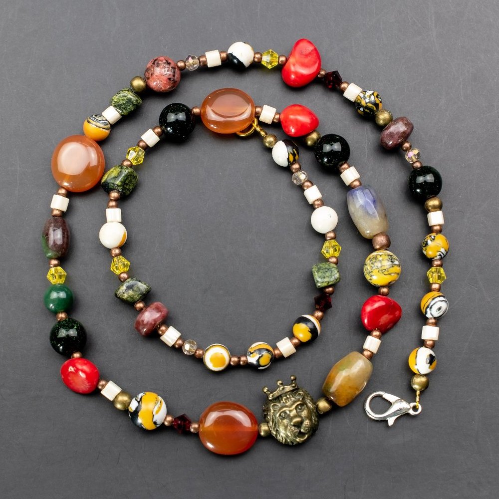 Short colorful multi stone boho necklace, cute lion charm necklace